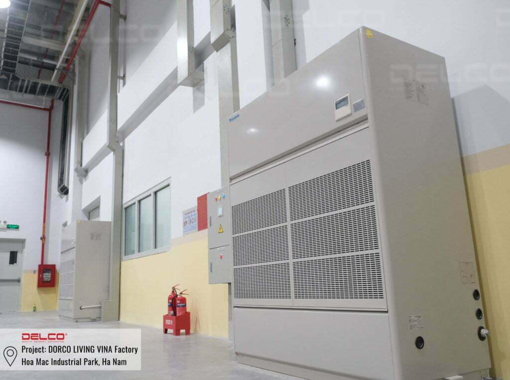 Large capacity floor standing air conditioning at DORCO Living Vina packaging printing factory