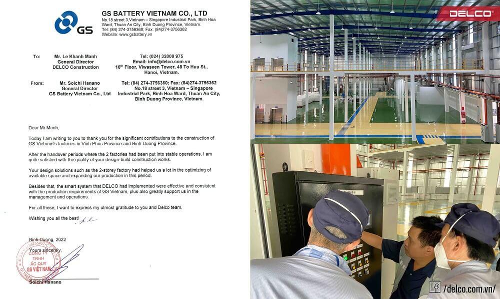 Chủ đầu tư GS Battery gửi thư cảm ơn đến DELCO Construction sau 2 năm nhà máy đi vào sử dụng