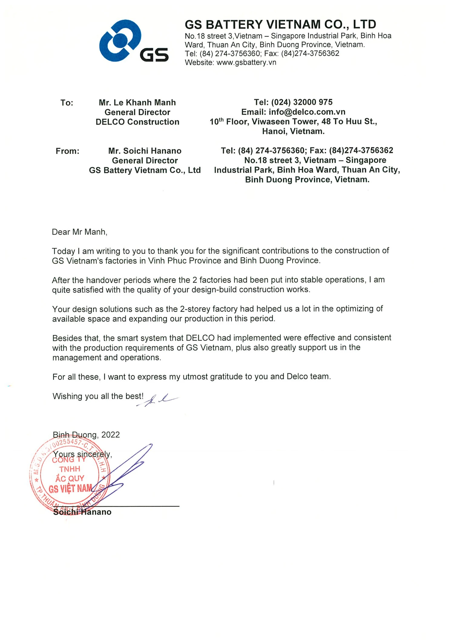 Investor GS Battery sent a thank-you letter to DELCO Construction after 2 years of factory operation