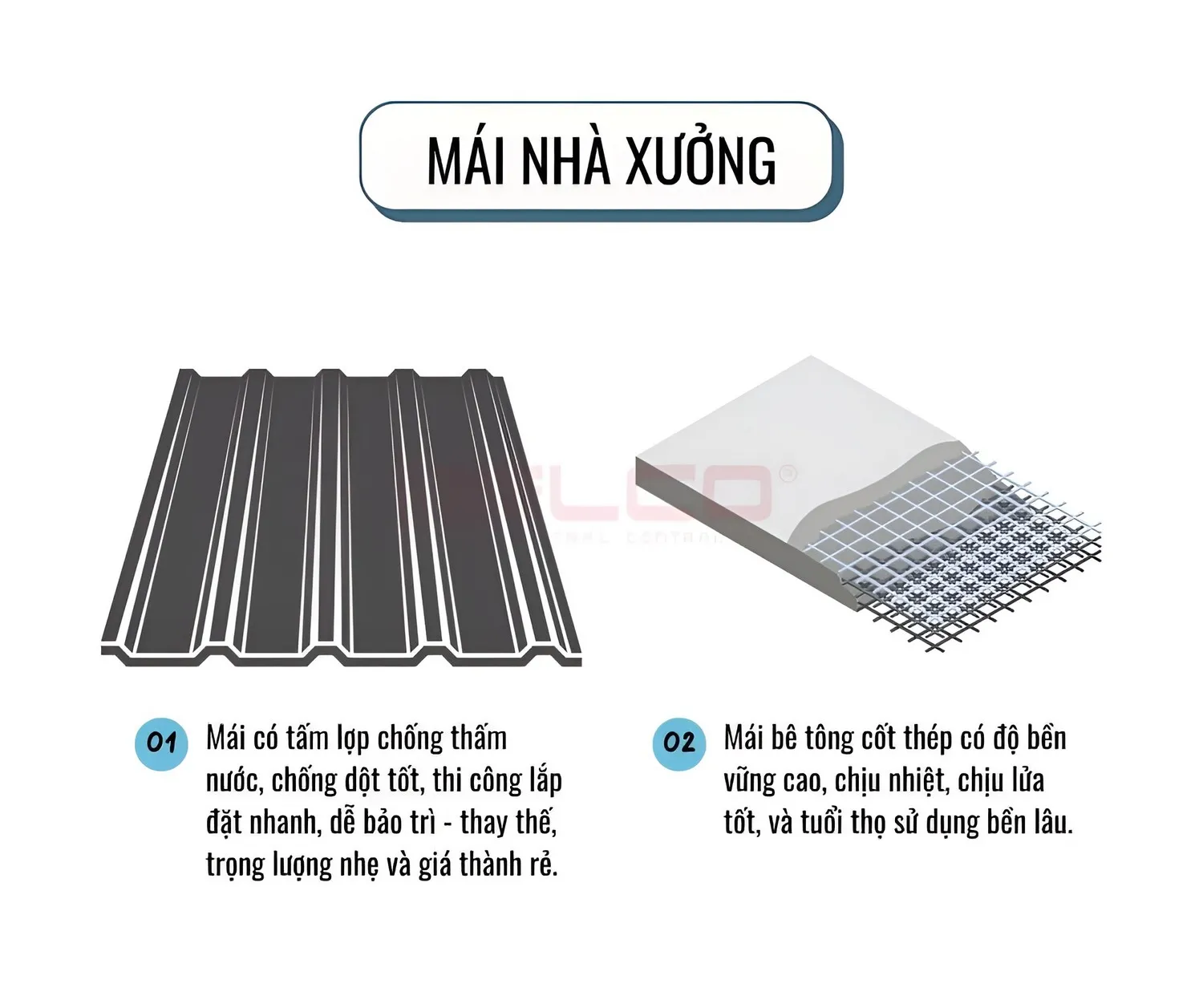 mái bao che có thể sử dụng bê tông cốt thép hoặc vật liệu nhẹ