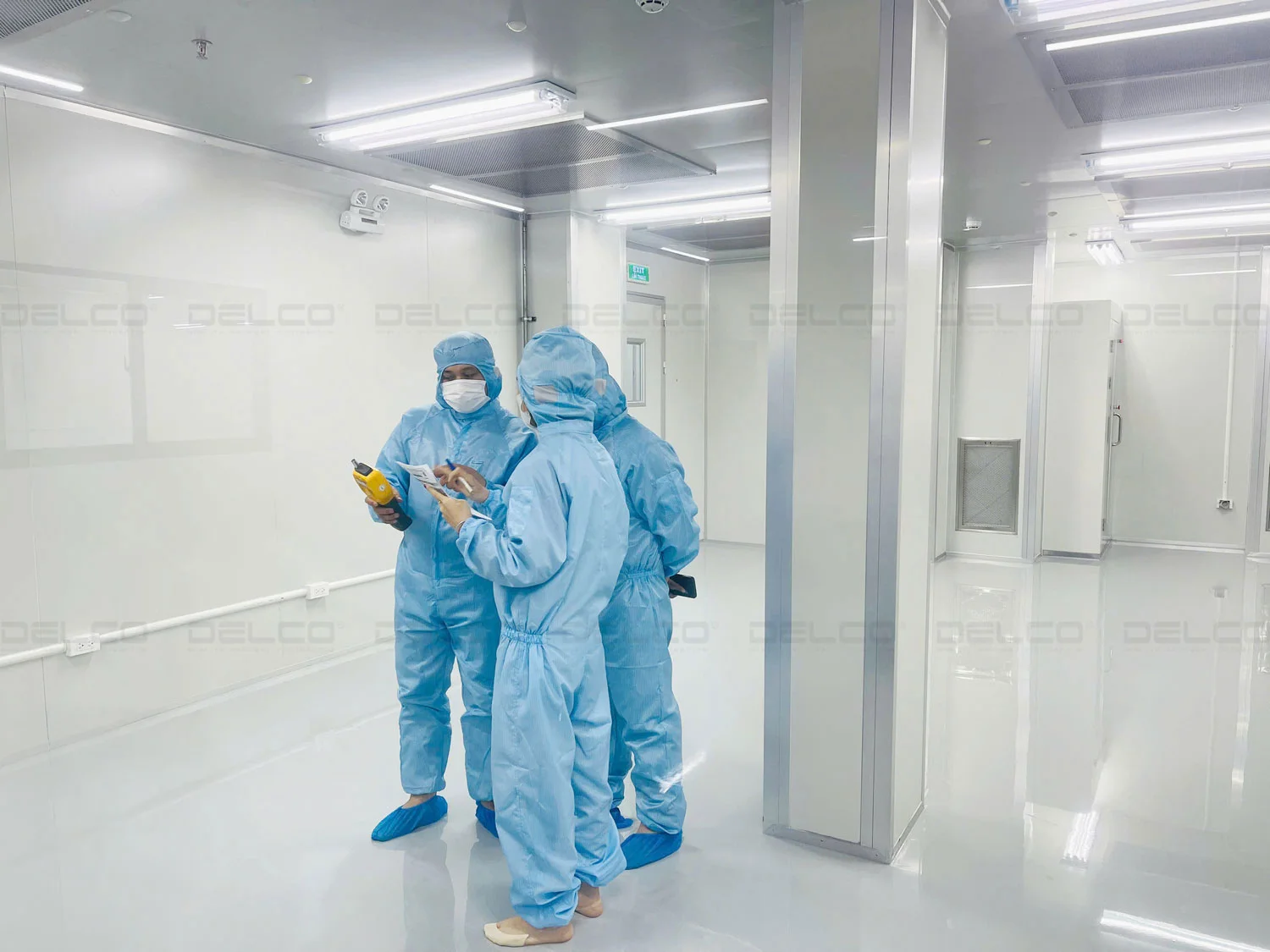 Testing at cleanroom equivalent to Class 1000 at an electronics component factory where DELCO was the factory fit-out contractor. 